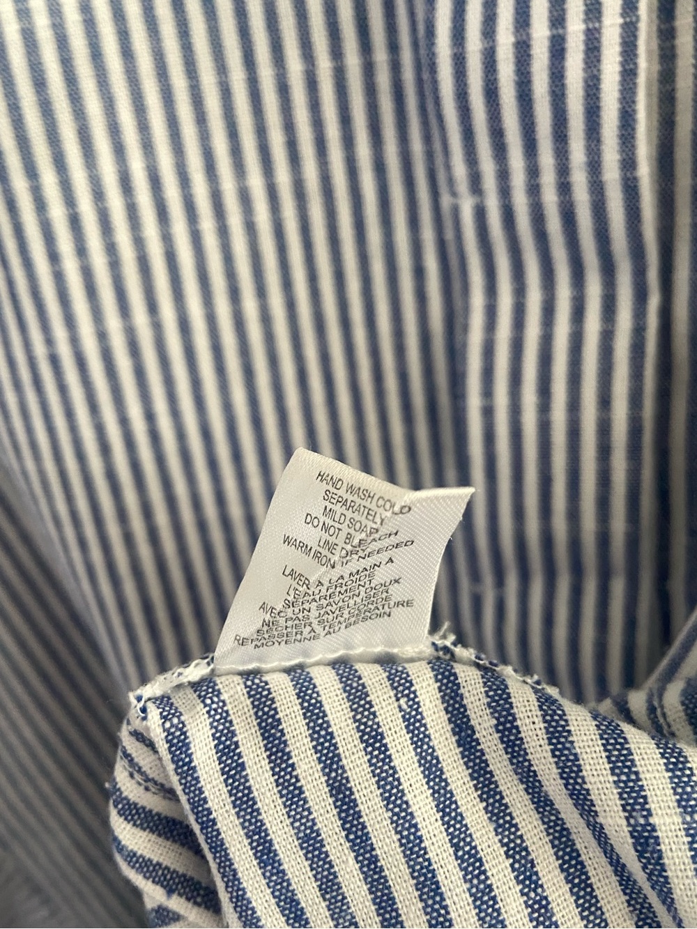 FOR CYNTHIA Linen Cotton Striped Shirt Medium Blue White Fishtail Hem Button Up - Picture 6 of 8